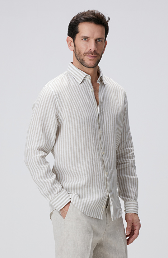 Haki Beyaz Keten Gömlek