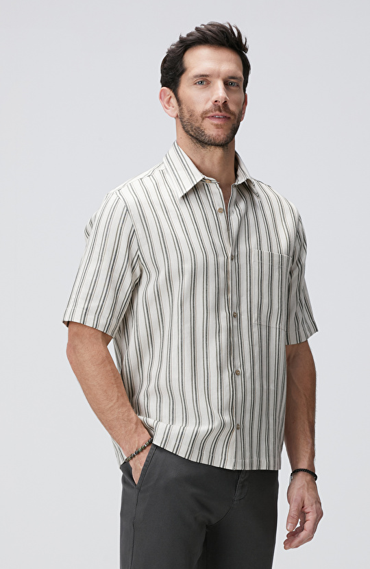 Kırık Beyaz Çizgili Keten Karışımlı Gömlek