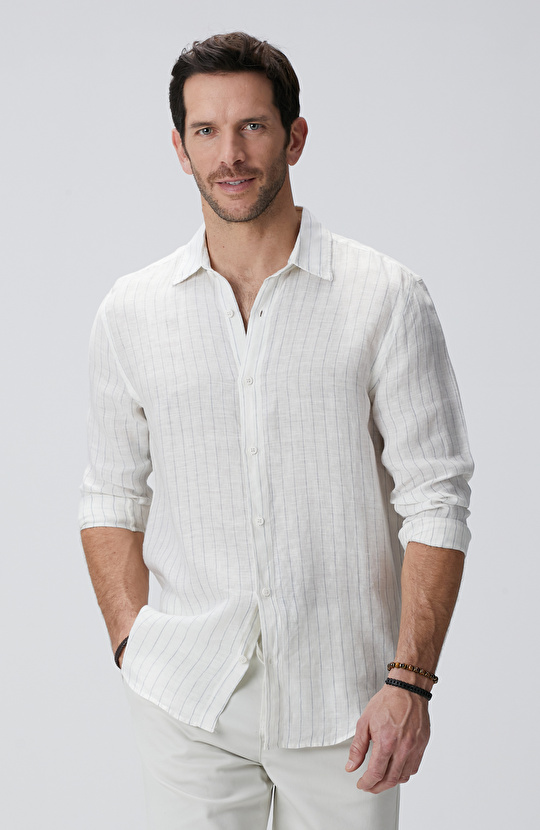 Beyaz Çizgi Desenli Keten Gömlek