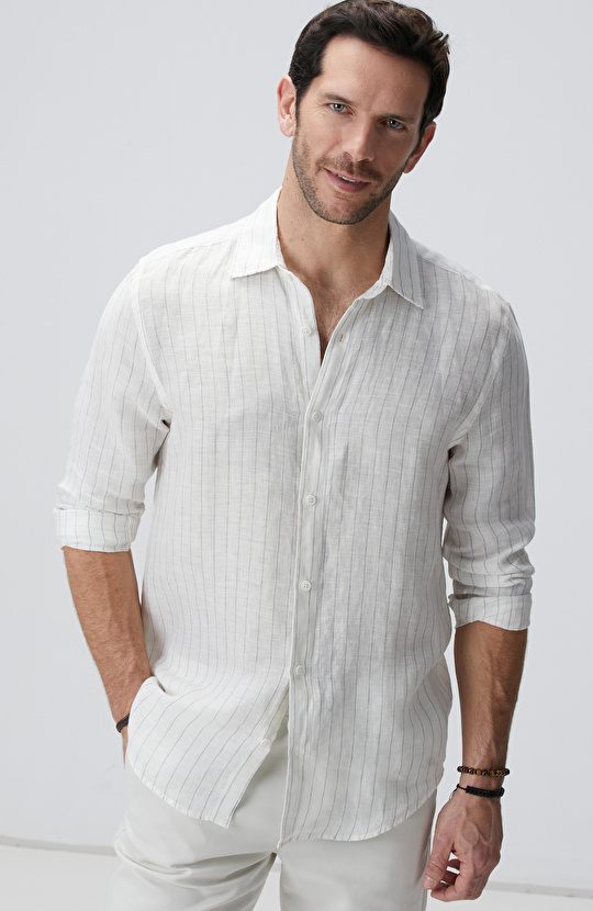 Beyaz Çizgi Desenli Keten Gömlek