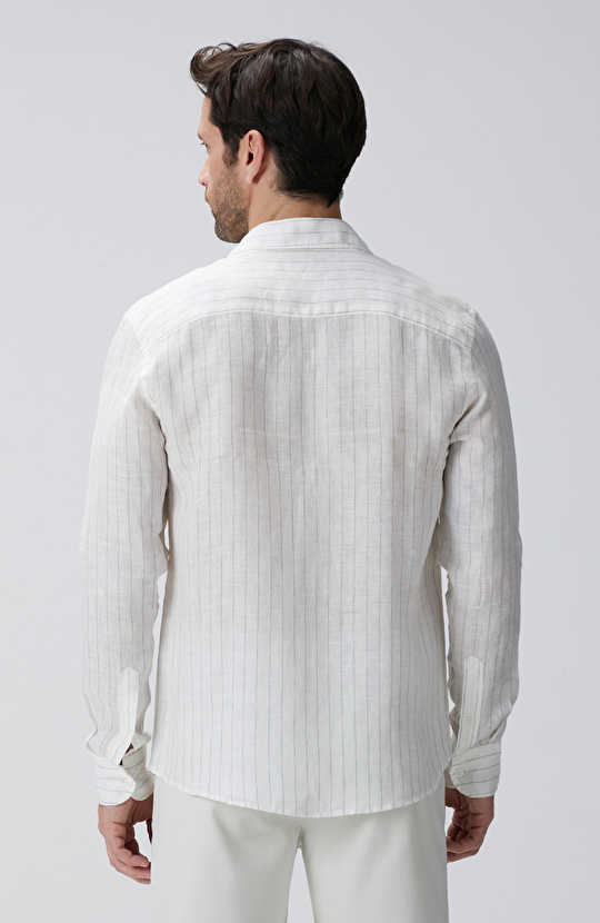 Beyaz Çizgi Desenli Keten Gömlek