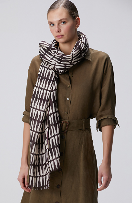 Kahverengi Desenli Kadın Keten Şal