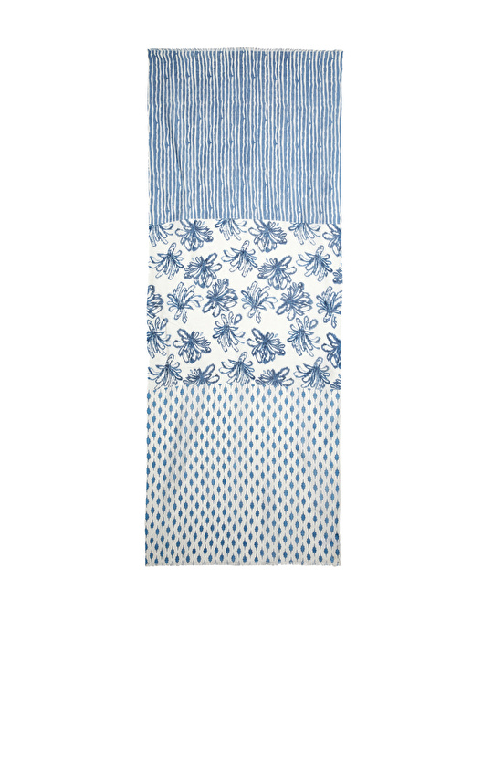 Beyaz Mavi Keten Karışımlı Kadın Şal