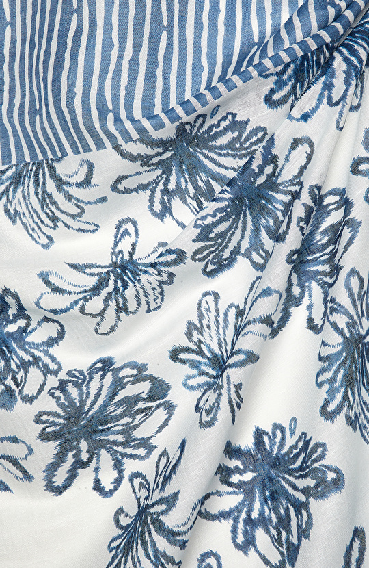 Beyaz Mavi Keten Karışımlı Kadın Şal