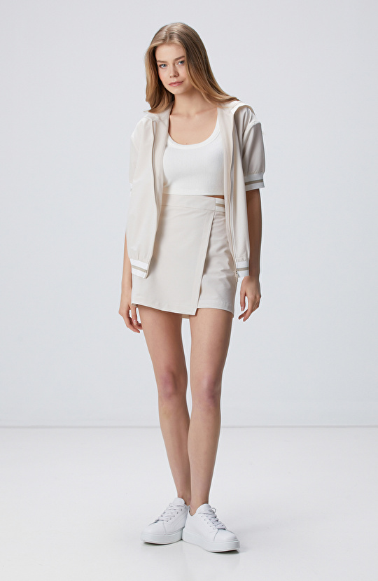 N-Tech Kırık Beyaz Gofreli Bej Mini Etek