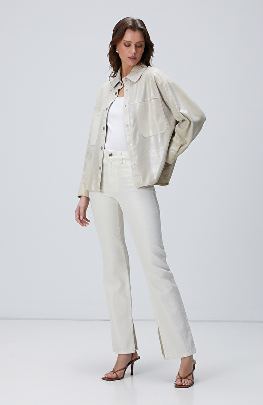 Ekru Simli Denim Pantolon