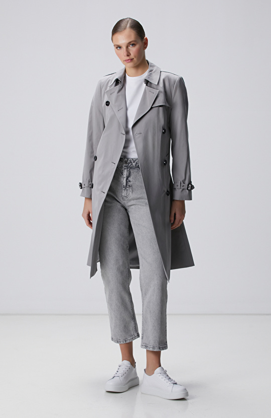 Açık Gri Apolet Detaylı Pardösü