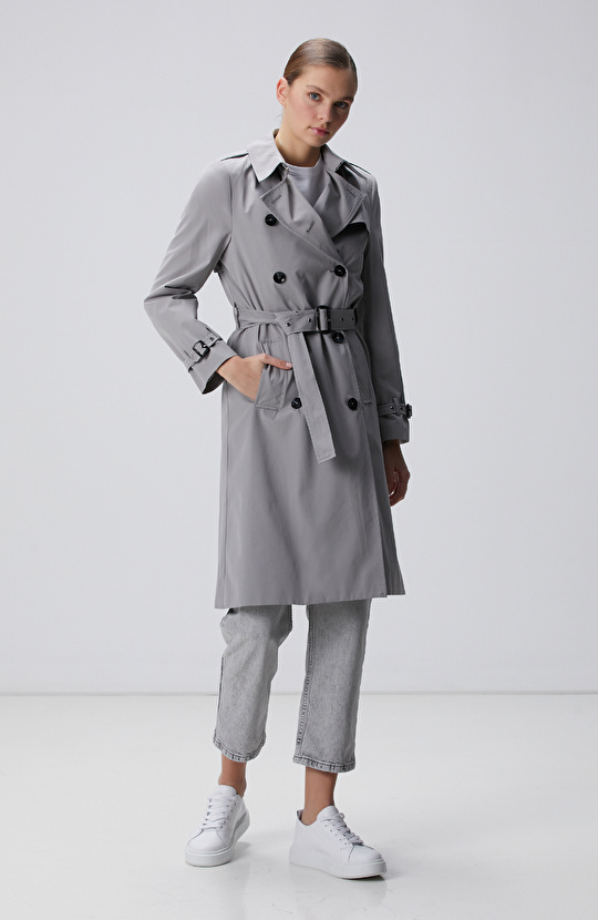 Açık Gri Apolet Detaylı Pardösü