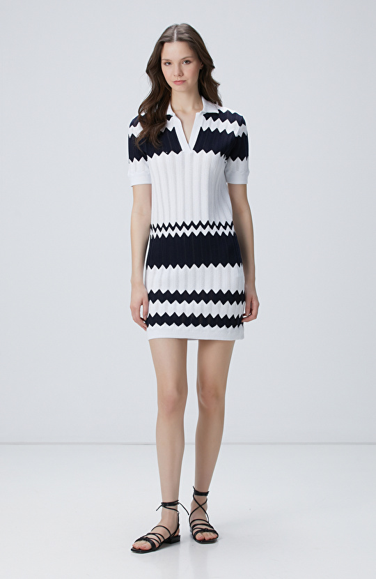 Lacivert Beyaz Midi Elbise