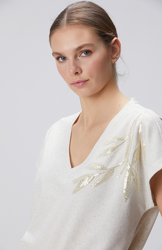 Bej Keten Karışımlı T-shirt