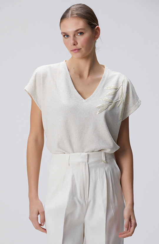 Bej Keten Karışımlı T-shirt