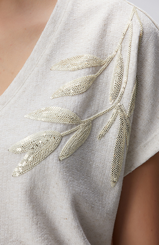 Bej Keten Karışımlı T-shirt