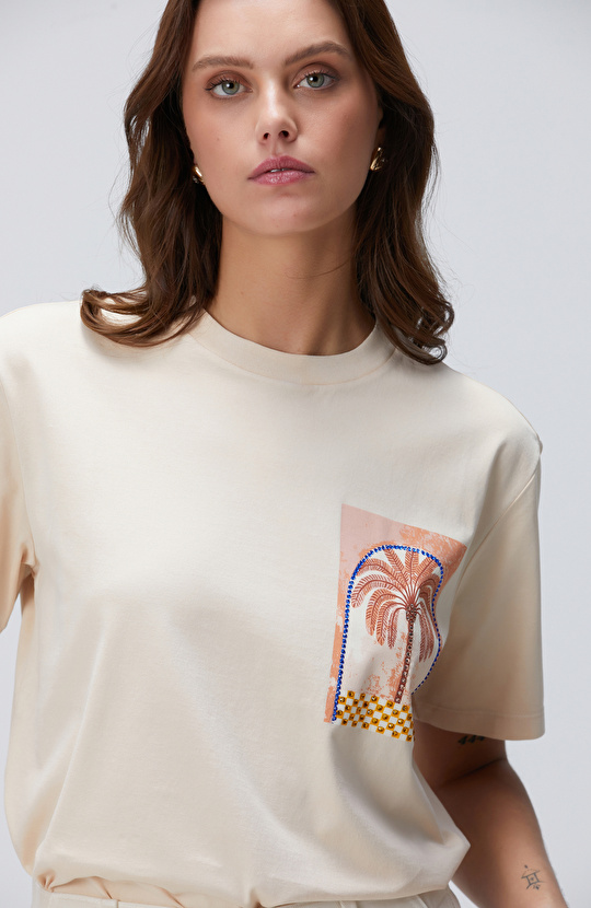Bej Baskılı T-shirt