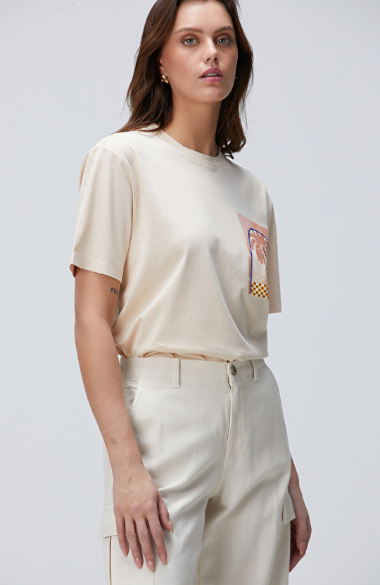 Bej Baskılı T-shirt