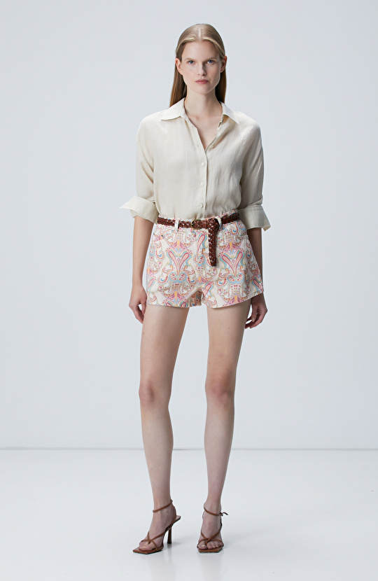 Bej Desenli Denim Şort