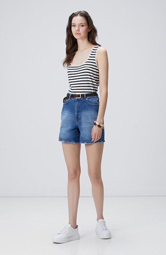 Lacivert Beyaz Keten Karışımlı T-shirt