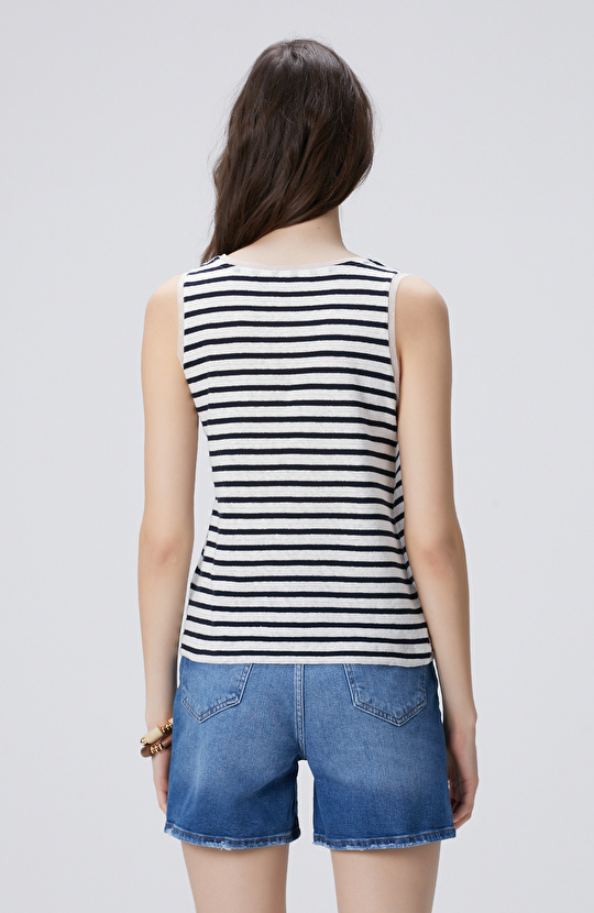 Lacivert Beyaz Keten Karışımlı T-shirt