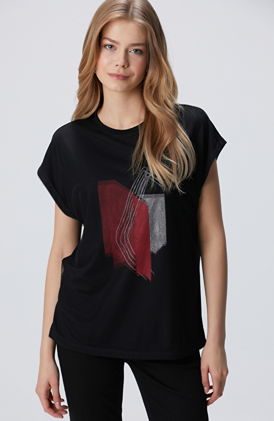 Siyah Tül Garnili T-shirt