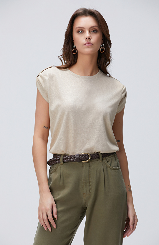 Bej Apoletli Varak Baskılı T-shirt