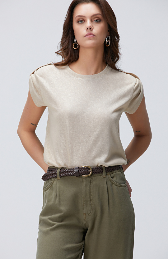 Bej Apoletli Varak Baskılı T-shirt