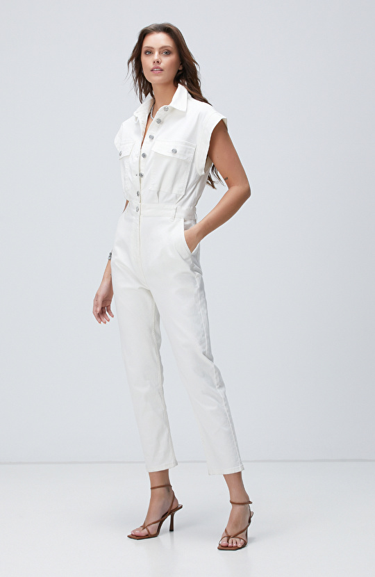 Kırık Beyaz Denim Tulum