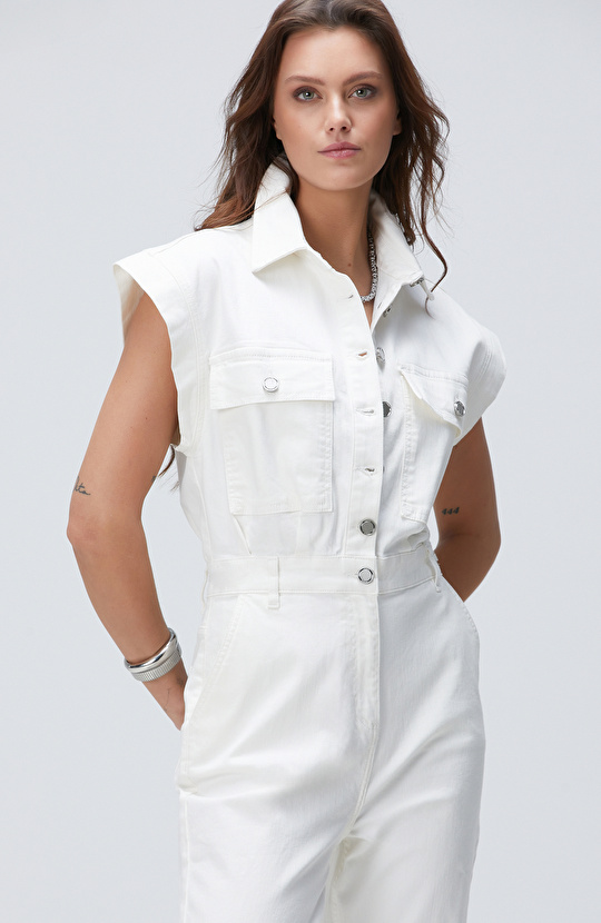 Kırık Beyaz Denim Tulum