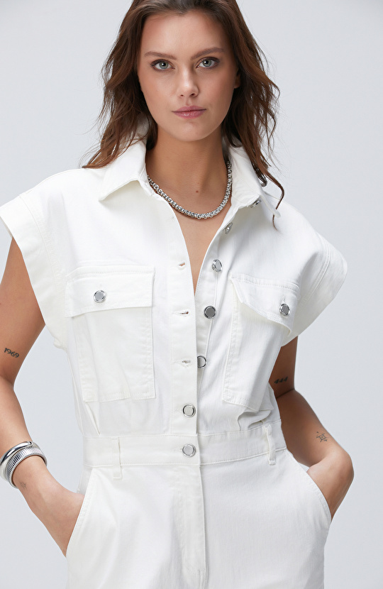 Kırık Beyaz Denim Tulum