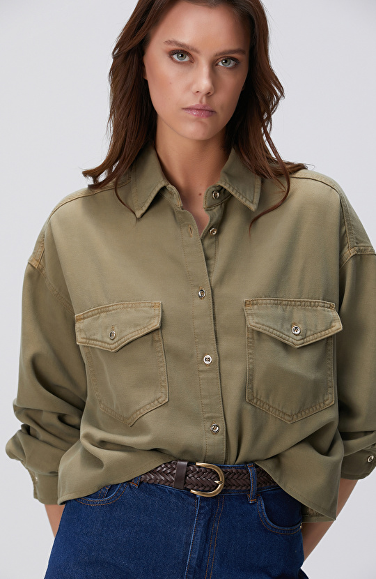 Haki Tencel Karışımlı Denim Gömlek