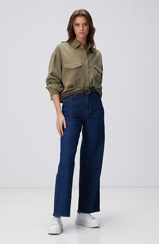 Haki Tencel Karışımlı Denim Gömlek