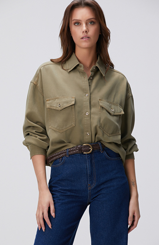 Haki Tencel Karışımlı Denim Gömlek