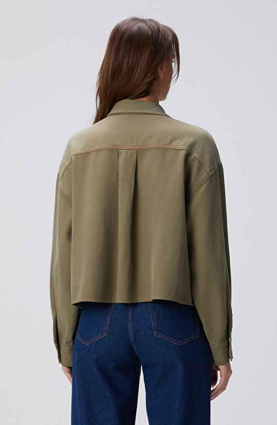 Haki Tencel Karışımlı Denim Gömlek