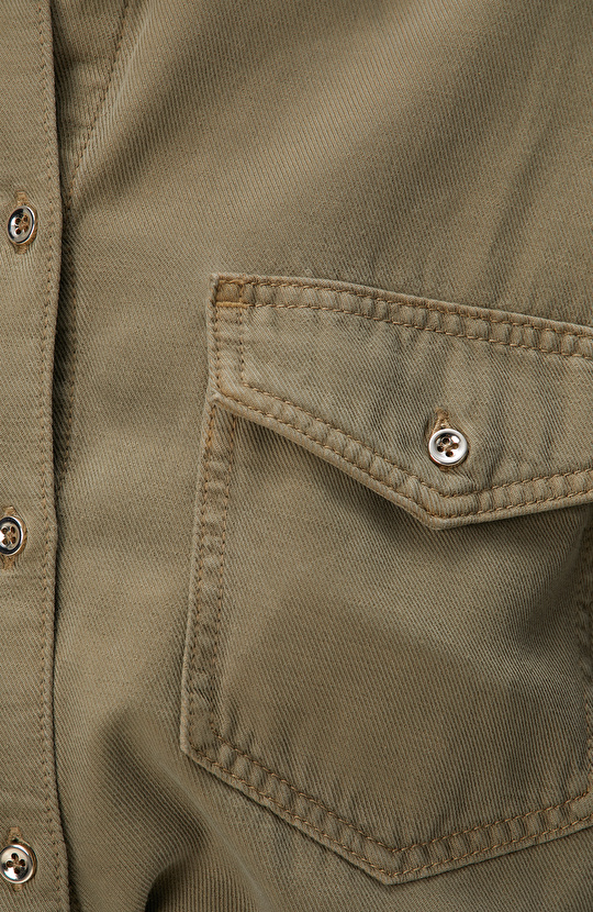 Haki Tencel Karışımlı Denim Gömlek