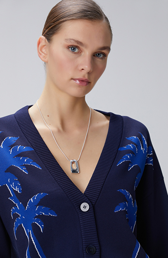 Lacivert Palmiye Desenli Hırka