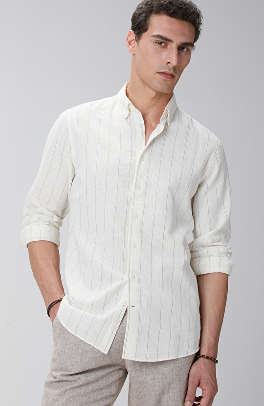 Kırık Beyaz Çizgi Desenli Keten Gömlek