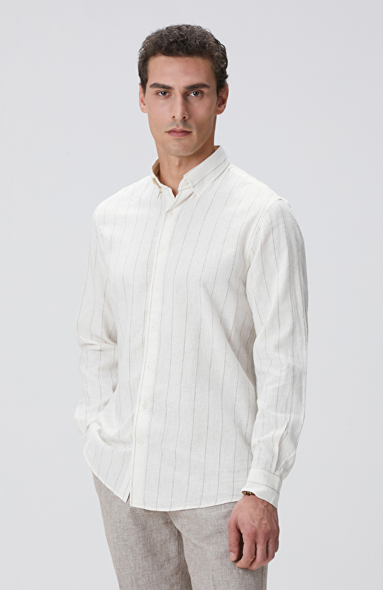 Kırık Beyaz Çizgi Desenli Keten Gömlek