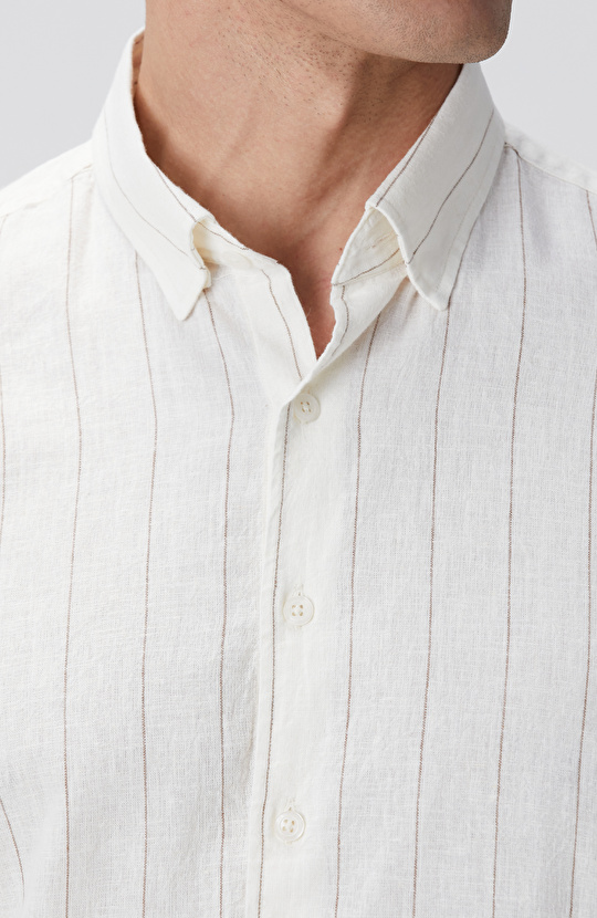 Kırık Beyaz Çizgi Desenli Keten Gömlek