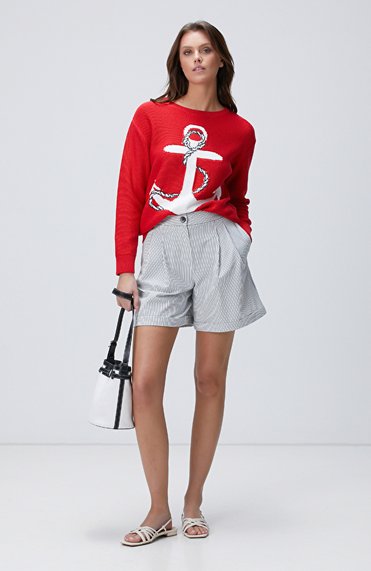 Kırmızı Çapa Desenli Kazak