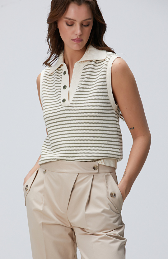 Ekru Haki Polo Yaka Çizgili Triko