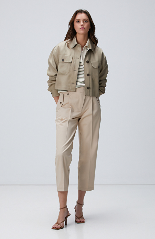 Ekru Haki Polo Yaka Çizgili Triko