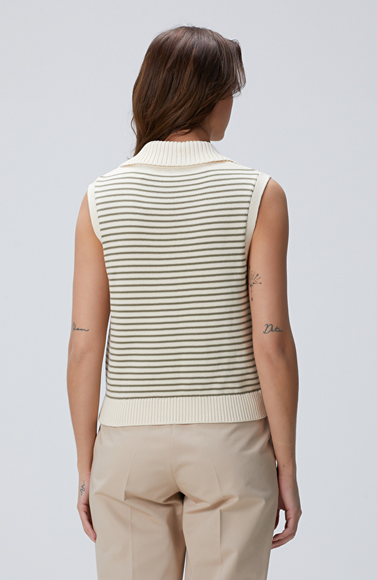 Ekru Haki Polo Yaka Çizgili Triko