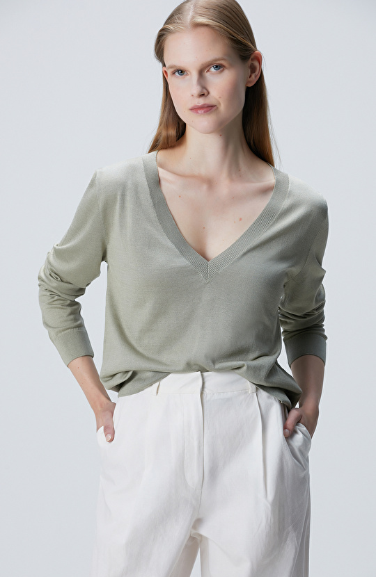 Limited Haki İpek Karışımlı Kazak