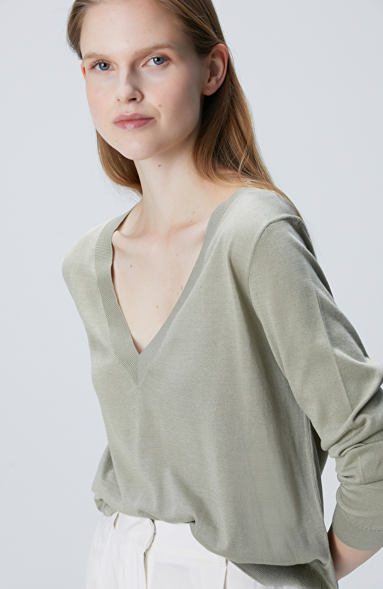 Limited Haki İpek Karışımlı Kazak