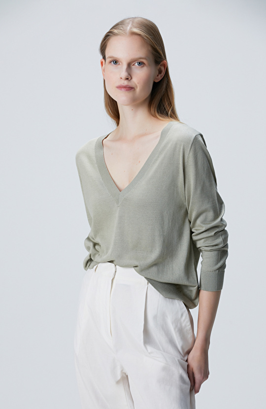 Limited Haki İpek Karışımlı Kazak