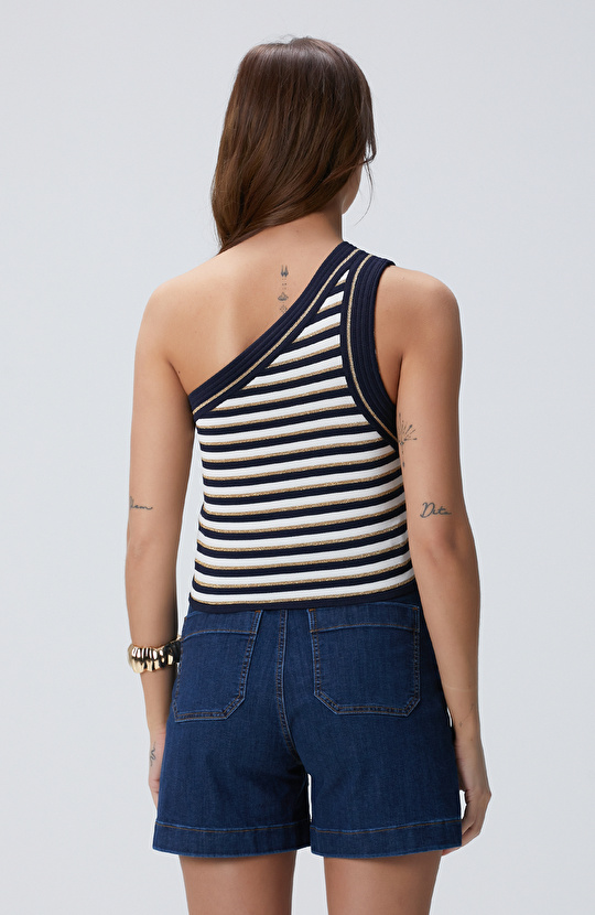 Beyaz Lacivert Tek Omuz Triko