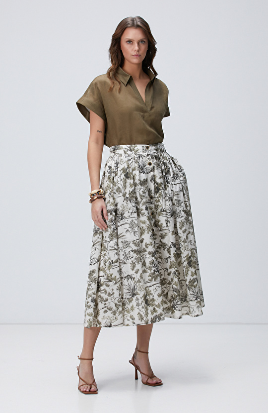 Haki Desenli Midi Etek