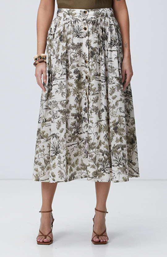 Haki Desenli Midi Etek