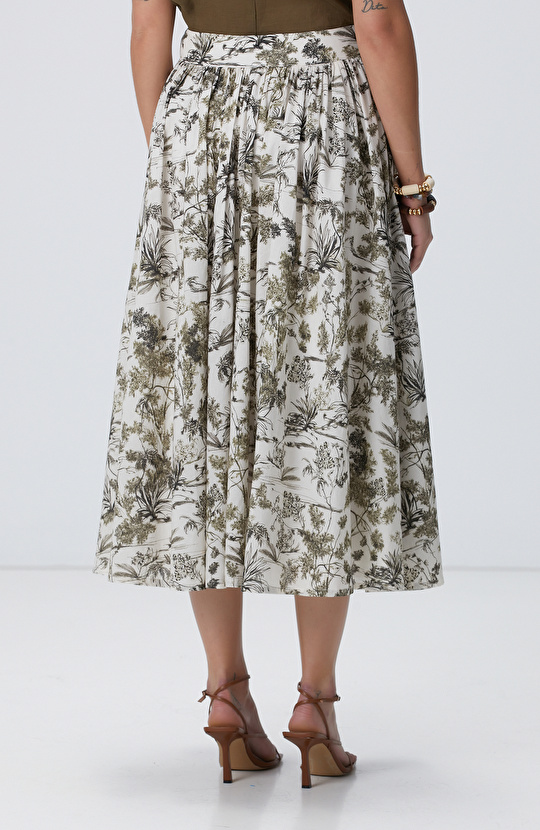 Haki Desenli Midi Etek