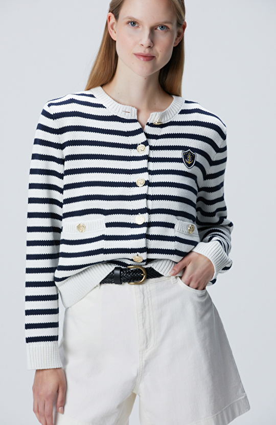 Lacivert Beyaz Çizgili Triko Ceket