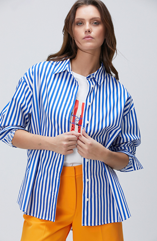 Saks Çizgili Gömlek