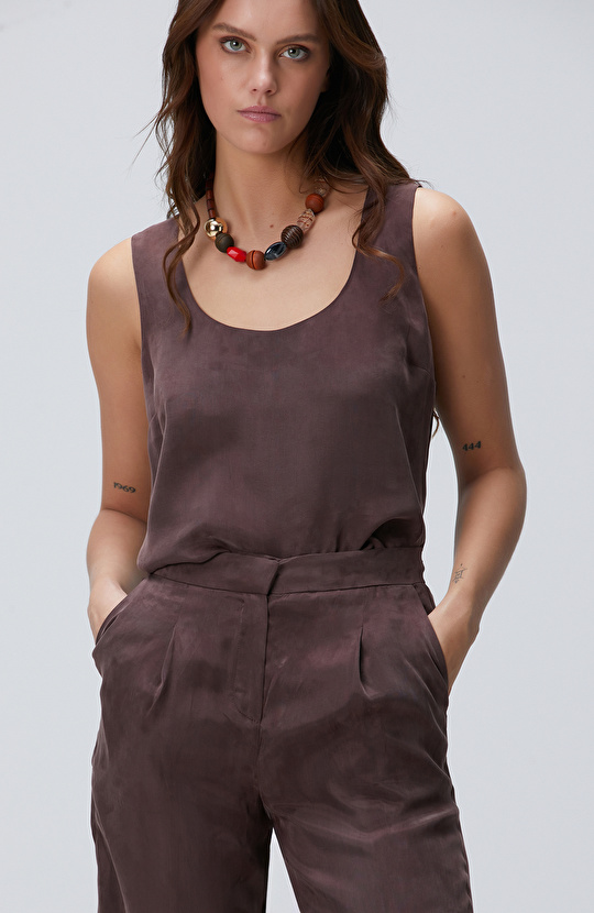 Kahverengi Cupro Bluz 